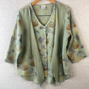 CLICK by Color Me Cotton Womens Top XL Olive Multicolor Boho Blouse 100% Linen